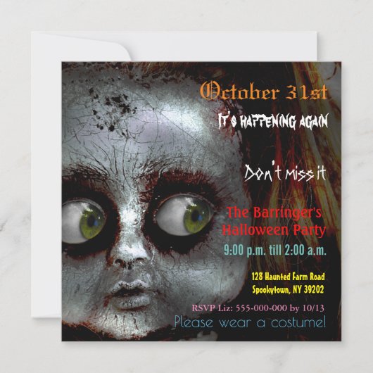 Afraid Doll Scary Halloween Semi Gloss Invitation Kaart (Voorkant)