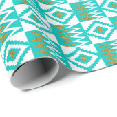 Africa Kente White Aqua Blauwgroen Blue Gold Diamo Cadeaupapier (Rol Hoek)