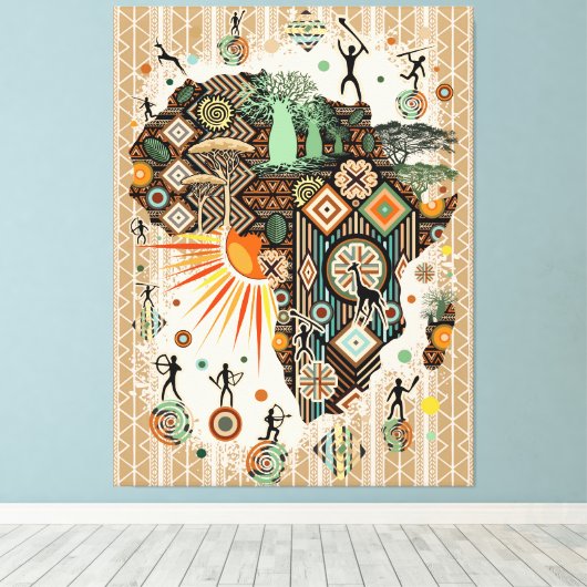 Africa Map Decorative Tribal Elements Pattern Canvas Afdruk (Insitu (Houten vloer))