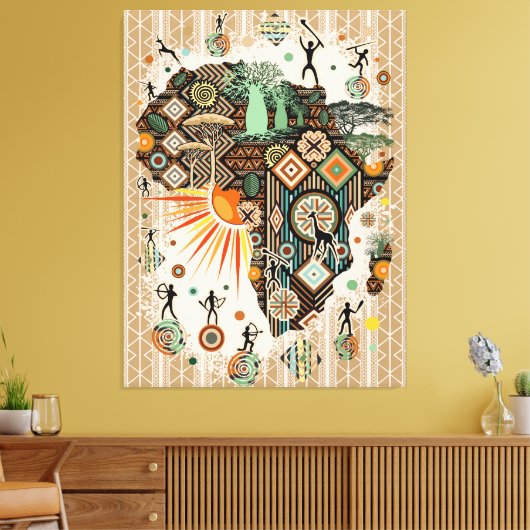 Africa Map Decorative Tribal Elements Pattern Canvas Afdruk (Insitu (Woonkamer))