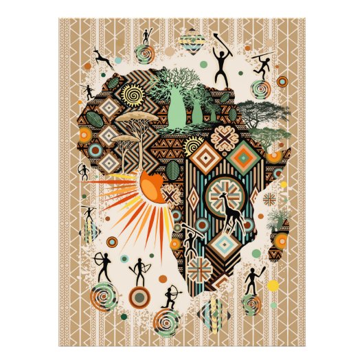 Africa Map Decorative Tribal Elements Pattern Foto Afdruk (Voorkant)