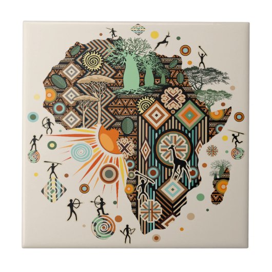 Africa Map Decorative Tribal Elements Pattern Tegeltje (Voorkant)
