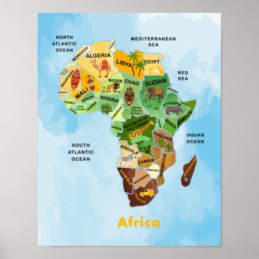 Africa Map waterverf artwork Poster (Voorkant)