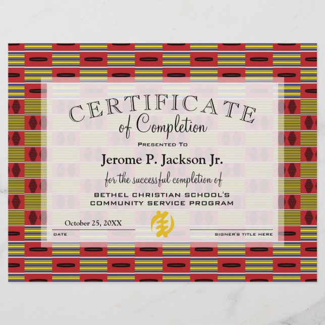 Africa Red Yellow Kente Certificate of Completion (Voorkant)
