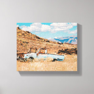 Africa Savannah Grass Old Car Mountains Canvas Afdruk