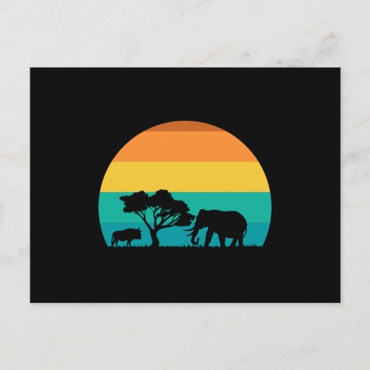 Africa Sunset with Elephant and Gnu Retro Briefkaart (Voorkant)