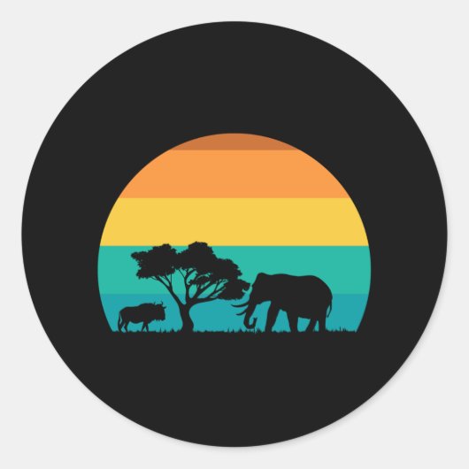Africa Sunset with Elephant and Gnu Retro Ronde Sticker (Voorkant)