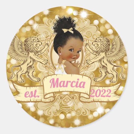 African American Baby Girl | Roze en goudglitter Ronde Sticker (Voorkant)