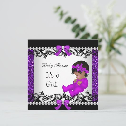 African American Baby shower Baby Girl Glitter 2 Kaart (Staand voorkant)