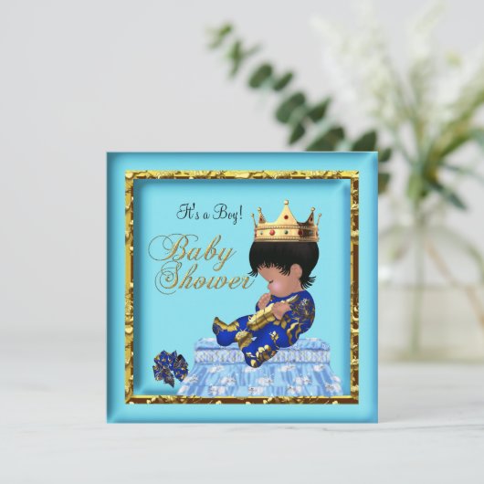 African American Baby shower Blue Gold Boy Kaart (Staand voorkant)