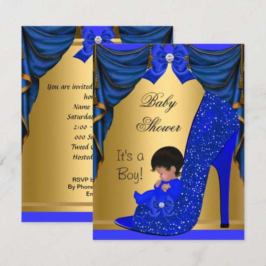 African American Baby shower Boy Blue Gold Shoe Kaart (Voorkant / Achterkant)
