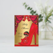 African American Baby shower Girl Red Gold Shoe Kaart (Staand voorkant)