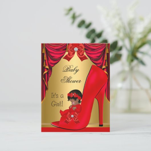 African American Baby shower Girl Red Gold Shoe Kaart (Staand voorkant)