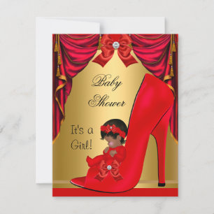 African American Baby shower Girl Red Gold Shoe Kaart