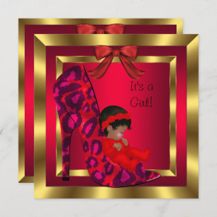 African American Baby shower Girl Red Shoe Gold Kaart
