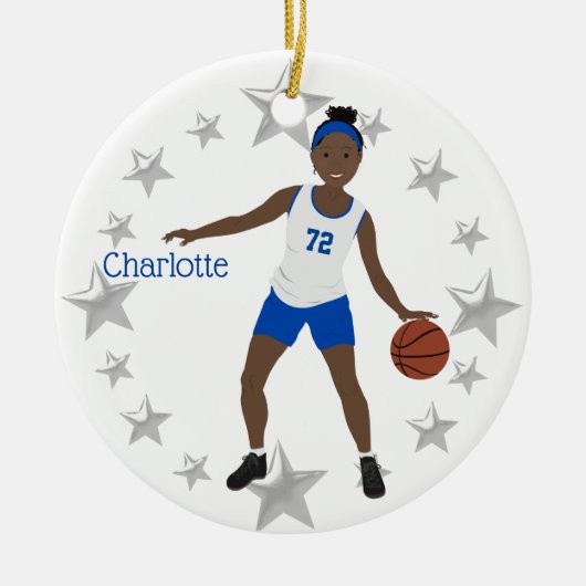African American Basketball Player White en Blue Keramisch Ornament (Voorkant)