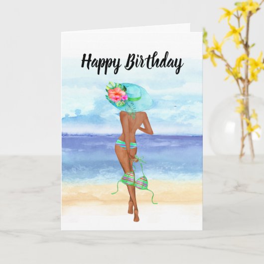 African American Beach Verjaardag Kaart (Gele Bloem)