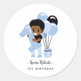 African American Blue Baby Boy 1st Birthday   Ronde Sticker