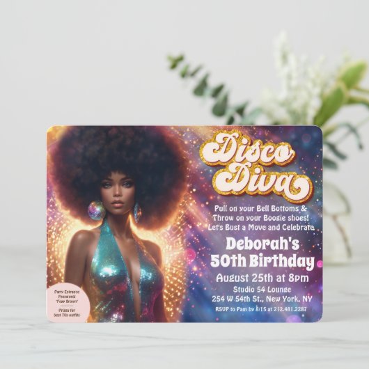 African American Disco Diva 70s Disco Uitnodiging (Staand voorkant)