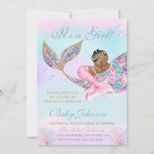 African American Mermaid Baby shower Glitter Tail Kaart (Voorkant)