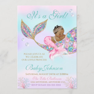 African American Mermaid Baby shower Glitter Tail Kaart