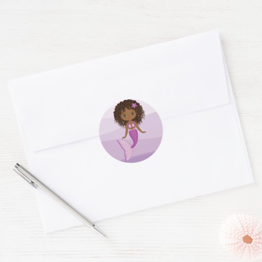 African American Mermaid Round Sticker (Envelop)