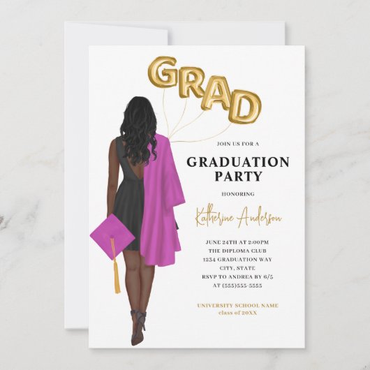 African American Pink Afstuderen Invitation Kaart (Voorkant)