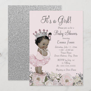 African American Pink Floral Princess Baby shower Kaart