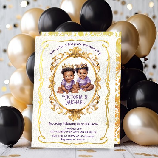 African American Twin Gold Prince Baby shower Kaart