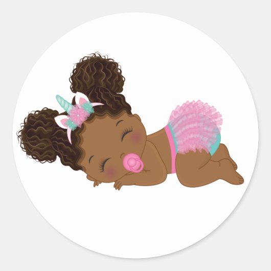 African American Unicorn Baby Girl Round Sticker (Voorkant)
