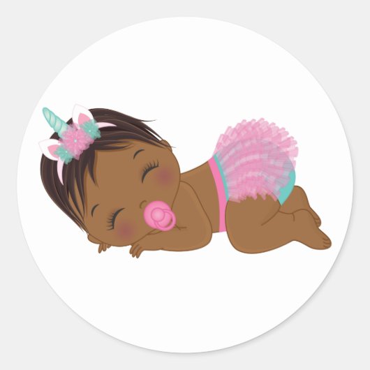 African American Unicorn Baby Girl Round Sticker (Voorkant)
