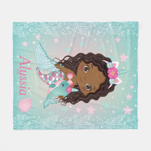 African American Unicorn Mermaid Fleece Blanket Deken (Voorkant (Horizontaal))