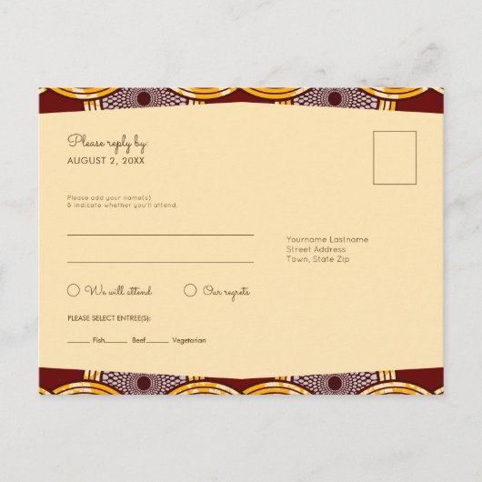 African Ankara Kitenge Gold RSVP Meal Briefkaart (Voorkant)