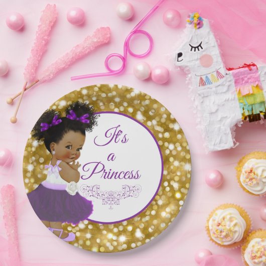 African Baby Girl | Paarse en goudglitter Papieren Bordje (Feest)