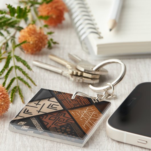 African culture designs on diagonal shapes sleutelhanger (Voorkant Rechts)