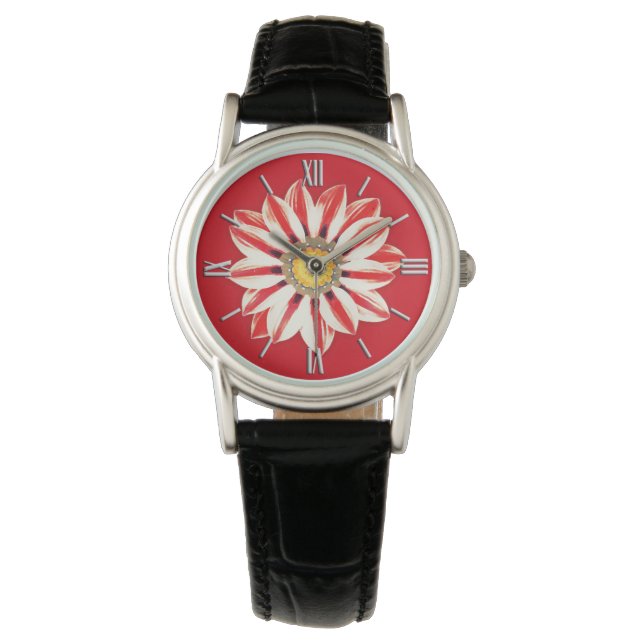 African Daisy/Gazania - Rode en witte streep Horloge (Voorkant)