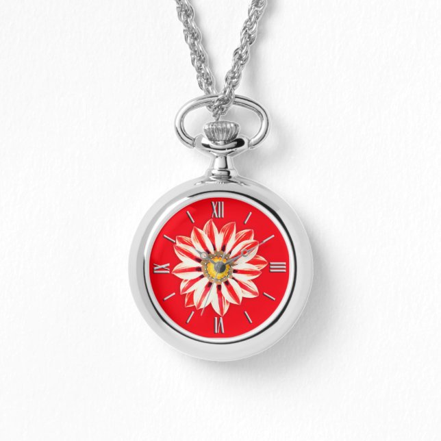 African Daisy/Gazania - Rode en witte streep Horloge (Voorkant)