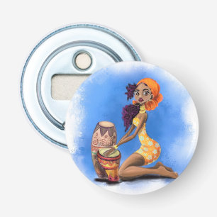African Drummer Girl Bottle Open Music Party Button Flesopener