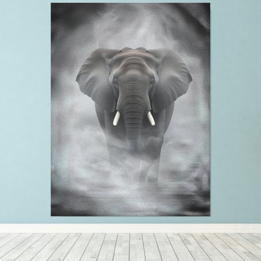 African Elephant in Misty Fog Serene Impasto Canvas Afdruk (Insitu (Houten vloer))