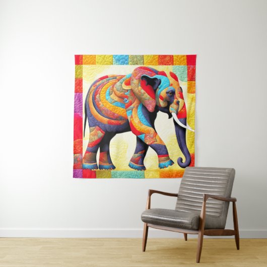 African Elephant Quilt Look Tapestry Wandkleed (In situ)