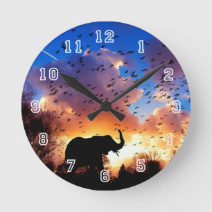 African Elephant Silhouette at Sunset Clock Ronde Klok