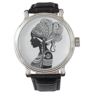 African Girl Portrait Tribal Tattoo Horloge