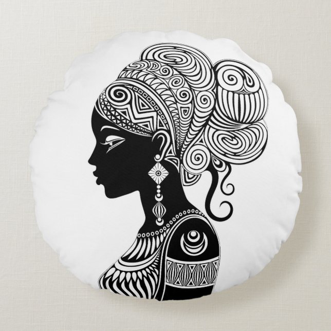 African Girl Portrait Tribal Tattoo Rond Kussen (Voorkant)