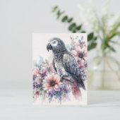 African Grey met wilde bloemen Waterverf Art Briefkaart (Staand voorkant)