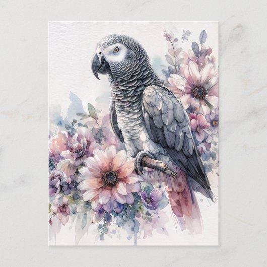 African Grey met wilde bloemen Waterverf Art Briefkaart (Voorkant)