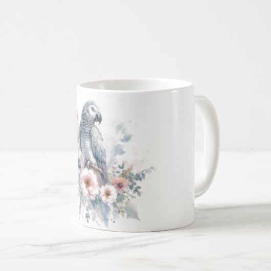 African Grey Parrot Floral Watercolor Koffiemok (Voorkant rechts)