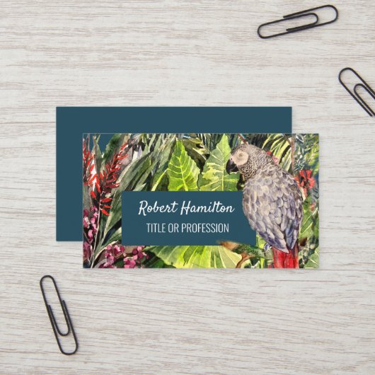 African Grey Parrot waterverf schilderij Visitekaartje (Voorkant / Achterkant in situ)