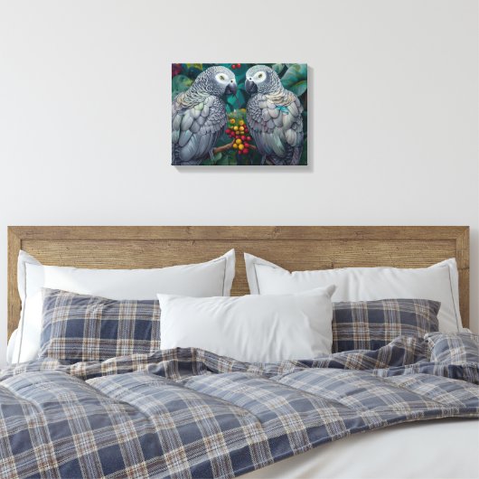 African Grey Parrots Persimmon-Berry Duet  Canvas Afdruk (Insitu (Slaapkamer))