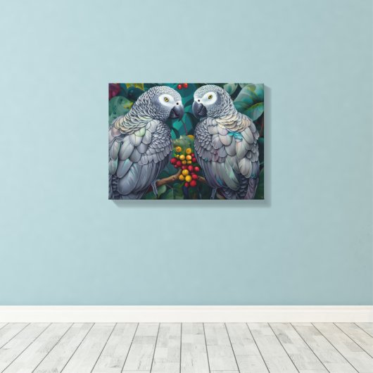 African Grey Parrots Persimmon-Berry Duet  Canvas Afdruk (Insitu (Houten vloer))