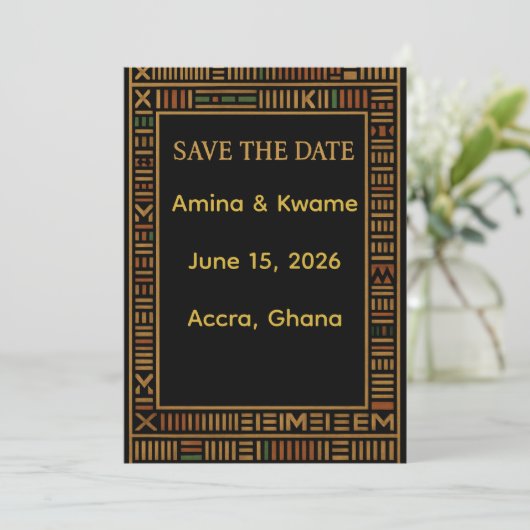 African Kente Gold Wedding Save the Date Kaart (Staand voorkant)